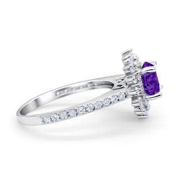 Halo Starburst Flower Wedding Ring Simulated Amethyst CZ 925 Sterling Silver